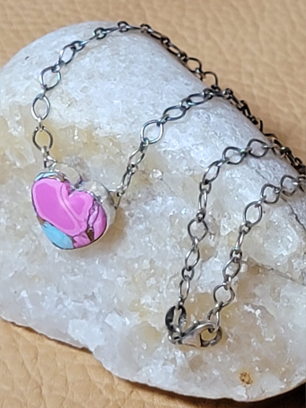 Heart Pendant Necklace Cotton Candy Turquoise & Silver Artisian Made
